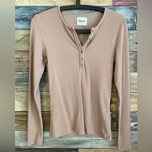 Kuwalla Vintage Long Sleeve Ribbed Henley Top - beige